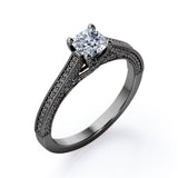 Three Sided Pave - 1.35 TCW Princess Cut Moissanite with Lab Created Black Diamond - Milgrain Decorated Engagement Ring in Rose Gold
