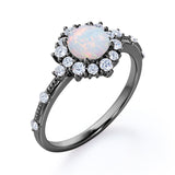 Clustered Halo 1.30 Carat Round Cut Translucent Opal And Diamond Antique Beaded  Engagement Ring In White Gold