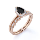 Antique Vintage 1.50 Carat Pear cut Artdeco Halo Bridal Wedding Ring Set with Lab Black Diamond for Her in White Gold