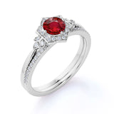Floral Halo Design 2.50 Carat Round Cut Lab Ruby and Diamond Micro Pave Bridal Set in White Gold