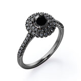 Double Halo Cluster - 1.5 TCW Round Shape Lab Created Black Diamond - Pave Accented Engagement Ring in White Gold