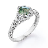 Modern Art Deco 1.10 Carat Round Cut Green Moss Agate And Diamond Cushion Framed Halo Engagement Ring In White Gold