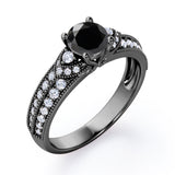 Simple Four Prong 1.50 Carat Round Cut Black Diamond Vintage Milgrain Multi Row Engagement Ring In Rose Gold