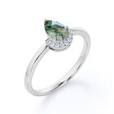 Lovely Half Bezel 1.50 Carat Teardrop Shape Banded Moss Green Agate and Diamond Pave Minimalist Engagement Ring