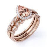 Limited Time Sale: Huge 2 Carat Pear cut Morganite and Diamond Trio Wedding Ring Set in Rose Gold