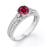 Antique 4 Prong 1.50 Carat Round Cut Lab Ruby And Diamond Vintage Milgrain Layered Engagement Ring In Rose Gold