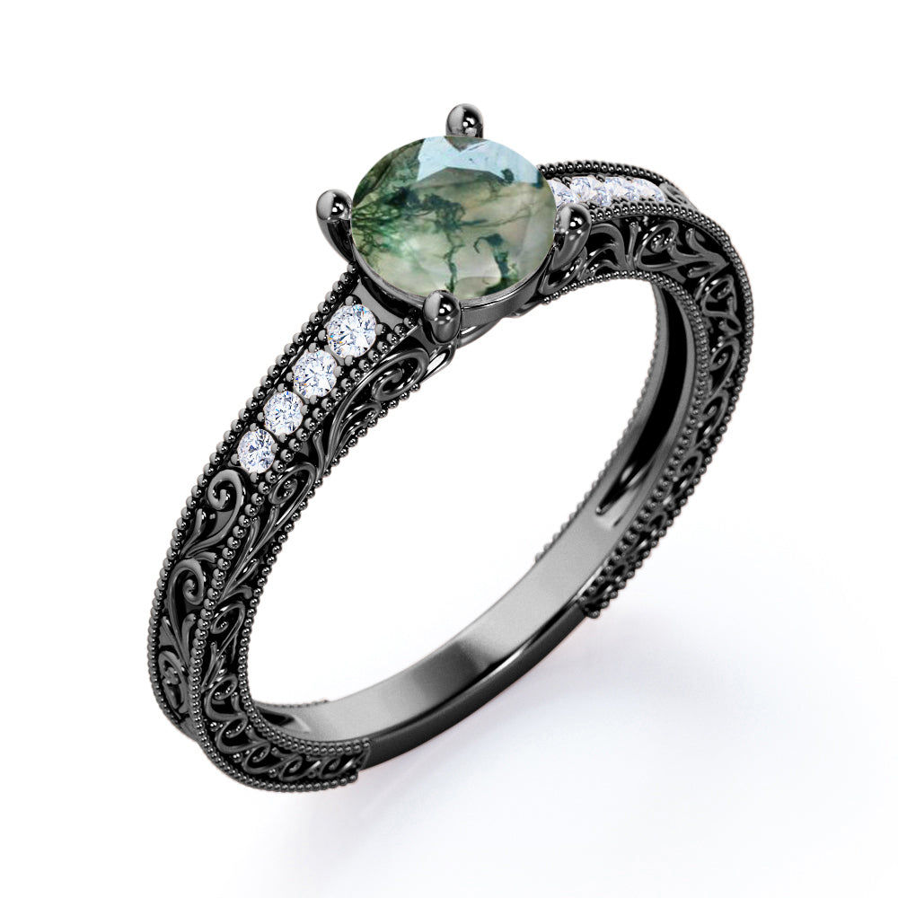 Artfully Crafted 1 carat Round Moss Agate and Moissanite Anniversary Ring in White Gold
