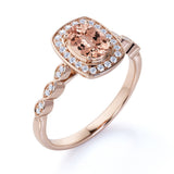Large 1.50 Carat Elliptical Shape Dark Salmon Morganite and Diamond Art Deco Engagement Ring in White Gold