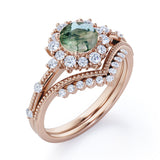 Vintage Milgrain 0.8 Carat Round Cut Moss Agate Bridal Set