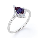 Simple Antique 5 Stone 1.25 Carat Pear Shaped Synthetic Purple Alexandrite and Diamond Halo Engagement Ring in White Gold for Women