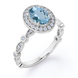 Vintage Halo 1.35 Carat Oval Cut Aquamarine And Diamond Art Deco Engagement Ring In Rose Gold