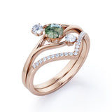 Three Stone Ring Twig-Inspired with 0.7 carat Round Moss Agate and Moissanite Wedding Ring Set in Rose Gold