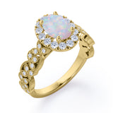 Milgrain Leaf 0.9 carat Oval Opal and Diamonds Nature-Inspired Engagement Ring in White Gold