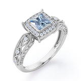 Designer Beaded 1.35 Carat Princess Cut Aquamarine And Diamond Halo Engagement Ring In White Gold
