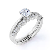 Artdeco 1.25 Carat Round cut Moissanite and Diamond Wedding Bridal Ring Set in 10k White Gold