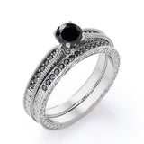Milgrain-Edged 1.5 TCW Round-Shaped Lab Created Black Diamond Art Deco Victorian Design Wedding Set in White Gold