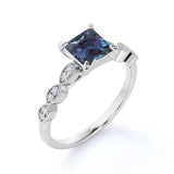 4 Claws Single Stone 1.25 Carat Princess Cut Artificial Alexandrite and Diamond Milgrain Antique Engagement Ring