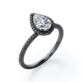 Halo Design 1.45 TCW Pear Cut Moissanite with Lab Created Black Diamond Scalloped Pave Engagement Ring in Rose Gold