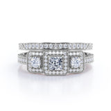 1.25 Carat Princess Cut Moissanite And Diamond Three Stone Trilogy Wedding Ring Set In White Gold