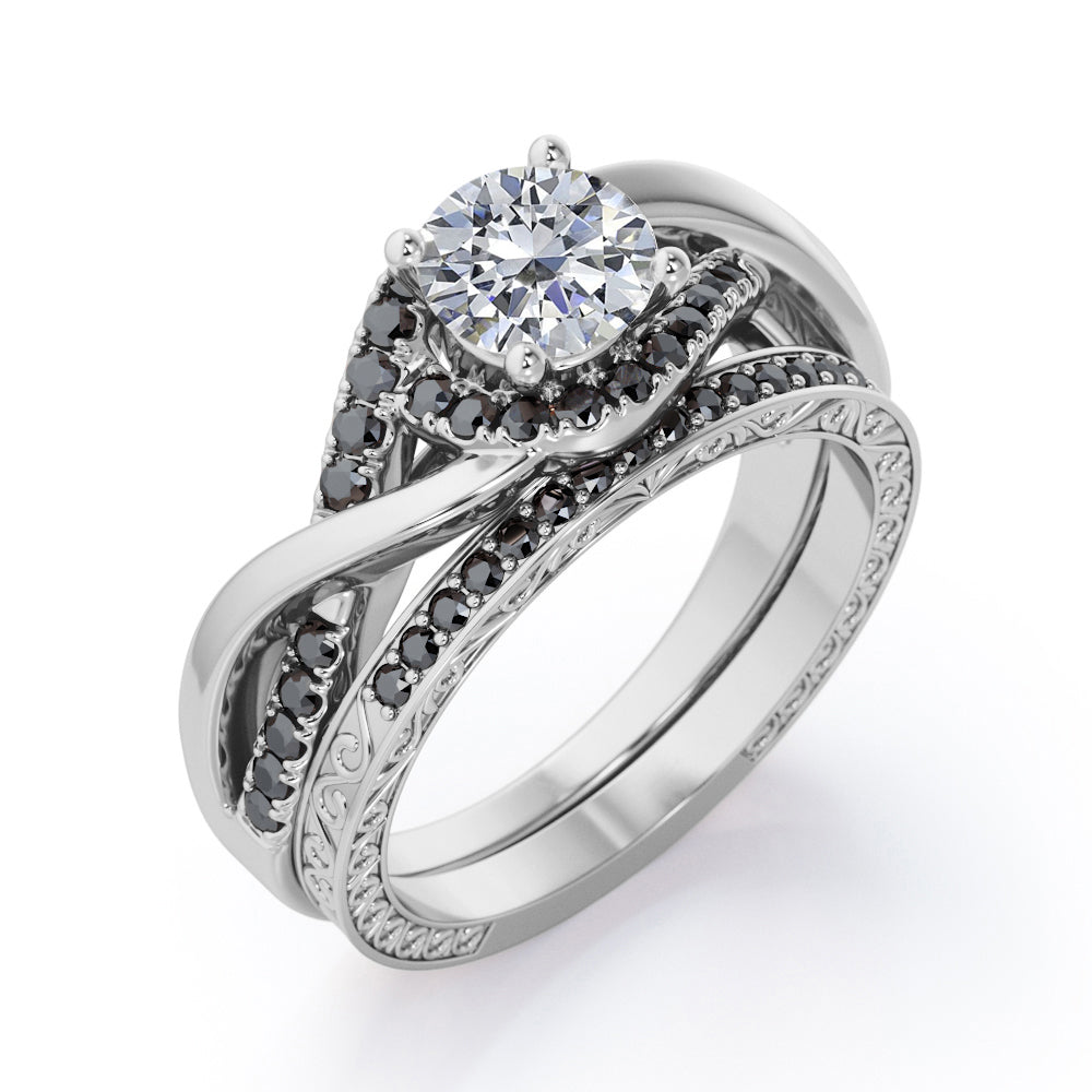 Filigree Tension-Halo 1.5 TCW Round Shape Moissanite with Lab Created Black Diamond Twisted Half Pave Wedding Set in Black Gold