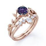 Nature Inspired 1.20 Carat Round Cut Lab Created Alexandrite And Diamond Leaf Vine Art Wedding Ring Set In White Gold For Her
