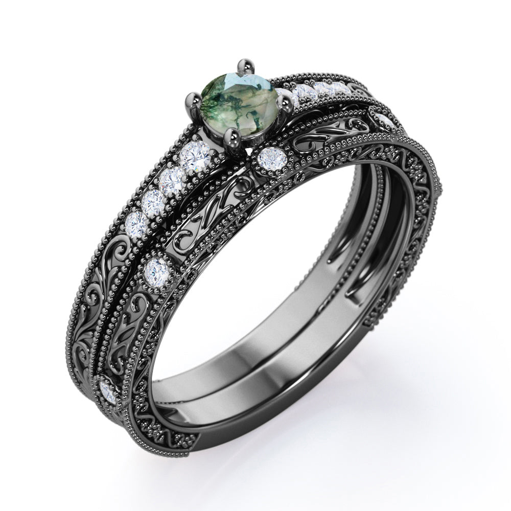 Vintage Edwardian 0.6 Ct Round Moss Agate Bridal Set