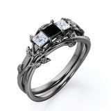 1.25 carat princess cut  Black Diamond three stone vine leaf wedding ring set in white gold