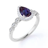 Bezel Halo 1.50 Carat Pear Shape Lab Created Alexandrite and Diamond Marquise Dot Art Deco Engagement Ring