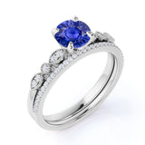 Classic 2 Carat Round Cut Sapphire and Diamond Bridal Ring Set with Pave Band in White Gold