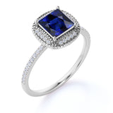 Floral Design 1.25 Carat Cushion Cut Sapphire and Diamond Halo Engagement Ring in White Gold