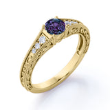 Vintage Prong Solitaire 1.25 Carat Round Cut Lab Made Purple Alexandrite and Diamond Art Deco Filigree Engagement Ring in White Gold for Her