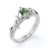 Leaf Inspired 1.25 Ct Pear Cut Moss Agate Wedding Ring Set