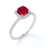 Classic Pave 1.50 Carat Cushion Cut Lab Ruby and Diamond Halo Engagement Ring in White Gold