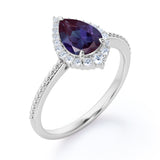 Vintage Beaded 1.35 Carat Tear Drop Lab Created Alexandrite And Diamond Halo Engagement Ring In White Gold