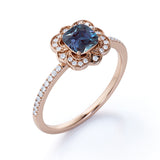 Antique Flower Cluster 1.50 Carat Cushion Cut Lab Created Blue Alexandrite and Diamond Halo Pave Engagement Ring in White Gold for Her
