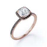 Classic Halo Setting - 1.5 TCW Cushion Cut Moissanite with Lab Created Black Diamond - Pave Style Engagement Ring in Black Gold