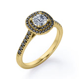 Double Halo Style - 1.45 TCW Princess Cut Moissanite with Lab Created Black Diamond - Scalloped Pave Engagement Ring in Yellow Gold