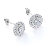 Claw Set 1.20 Carat Round Certified Moissanite and Diamond Double Halo Pave Studs - Wedding Earrings in Rose Gold