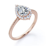 Vintage Halo 0.7 carat Pear Cut Moissanite and Diamond Engagement Ring in Rose Gold