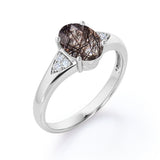 Tapered Prong Setting 1.15 Carat Oval Cut Druzy Black Rutilated Quartz and Diamond 7 Stone Classic Engagement Ring