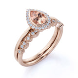 Classic Pave 1.50 Carat Pear Shape Morganite and Diamond Halo Bridal Ring Set with Art Deco Band in White Gold
