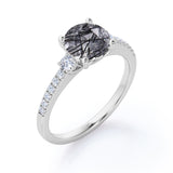 Three Stone Prong Setting 1.50 Carat Round Cut Smoked Black Rutilated Quartz and Diamond Pave Engagement Ring