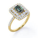 Clustered 1.75 Carat Emerald Cut Lab Created Alexandrite and Diamond Double Halo Pave Engagement Ring In White Gold.