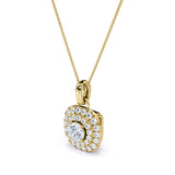 Classic Prong Set 1.50 Carat Round Certified Moissanite and Diamond Double Halo Stud Pendant Necklace in Yellow Gold