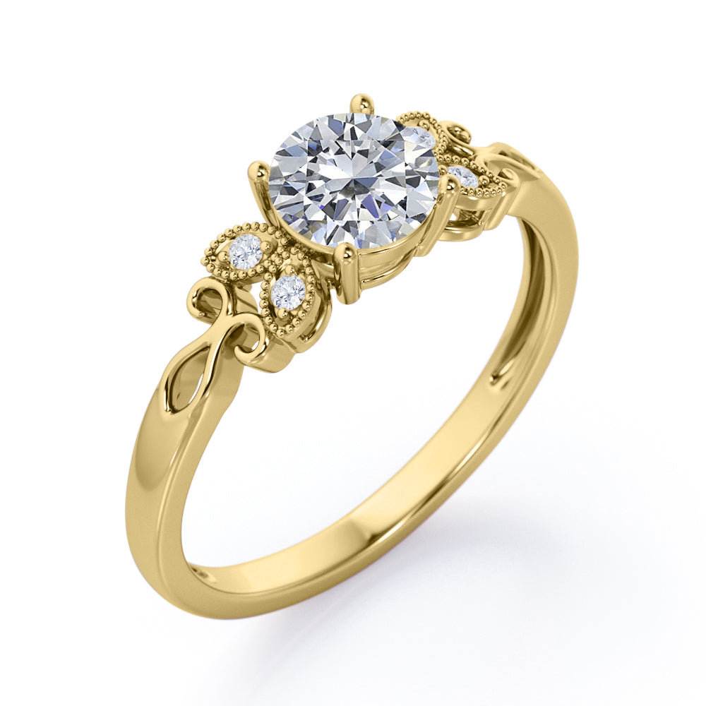 Tiny Butterfly 0.5 carat Round Moissanite and Diamond Vintage Engagement Ring in Rose Gold