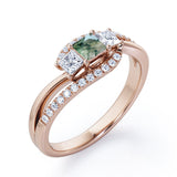 Shared Prongs 1 carat Princess Green Moss Agate and Moissanite Split Shank Band Engagement Ring in Rose Gold
