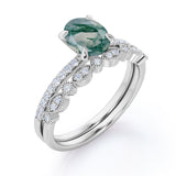 Timeless 4 Prong Solitaire 1.50 Carat Oval Cut Opaque White Mossy Green Agate and Diamond Art Deco Band Wedding Ring Sets