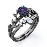 Nature Inspired 1.20 Carat Round Cut Lab Created Alexandrite And Diamond Leaf Vine Art Wedding Ring Set In White Gold For Her