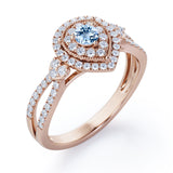 Pear-Shaped Double Halo - 1.7 Carat Round Cut Aquamarine - Pave Split Shank Engagement Ring in White Gold