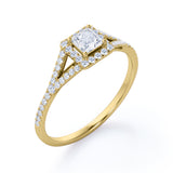 Women's Ring 1 carat Square Moissanite and Diamond Split Shank Engagement Ring in White Gold
